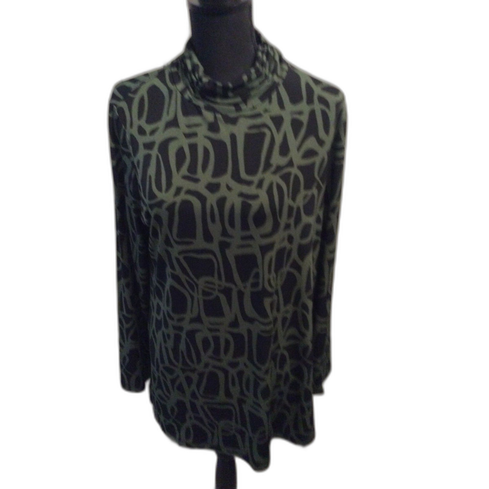 Susan Graver Women's Green Black Tunic Geometric Print Long Sleeve M